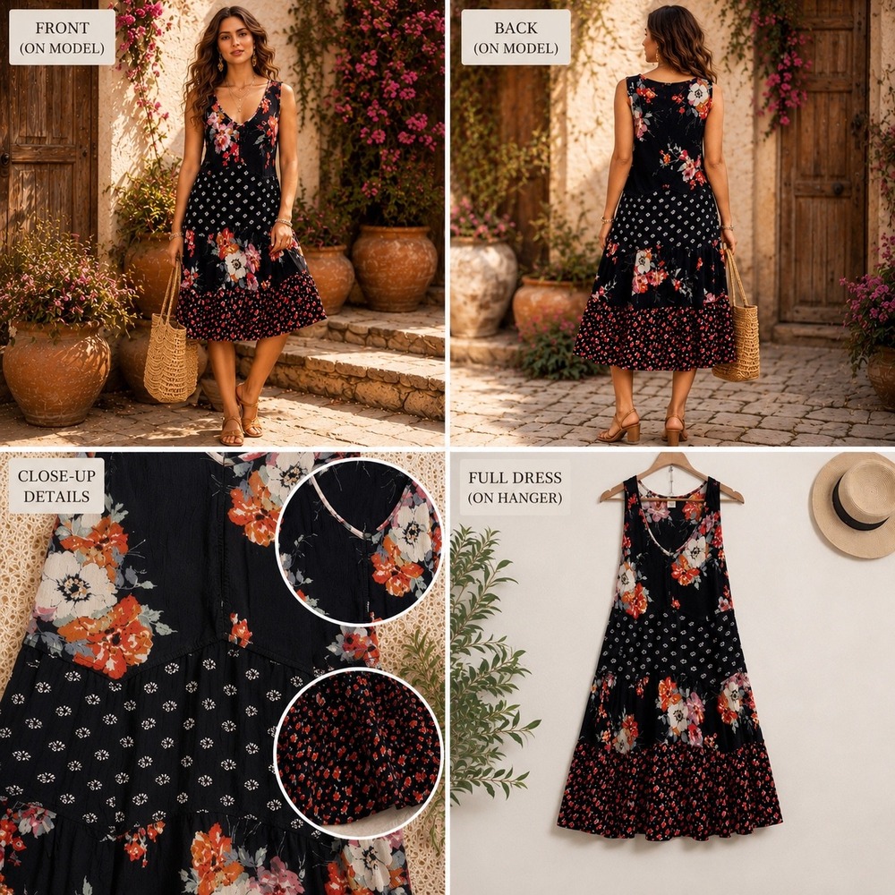 Bila Floral Tiered Boho Midi Dress Black V-Neck Sleeveless Mixed Print Large